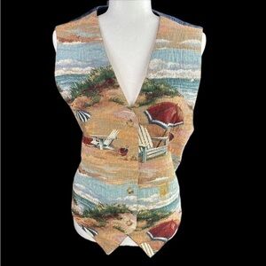 VTG Orvis Denim Womens L Waistcoat with tapestry beach scene in EUC 🇺🇸